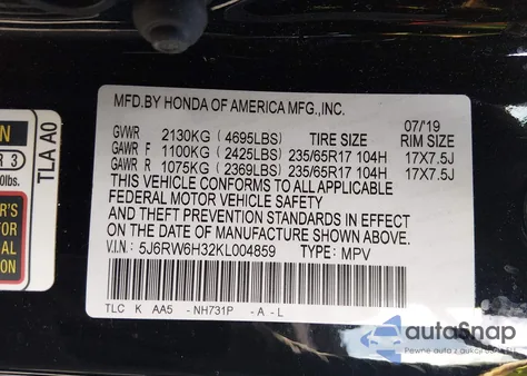2019 Honda Cr-V Lx from USA, damaged, VIN 5J6RW6H32KL004859